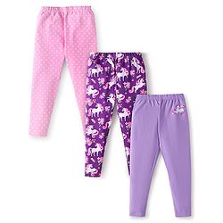 Babyhug Cotton Lycra Knit Full Length Leggings With Unicorn & Polka Dot Print Pack of 3 - Pink Violet & Purple