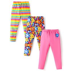 Babyhug Interlock Knit Full Length  Striped & Floral  Printed Diaper Leggings Pack of 3 - Pink Navy & Yellow
