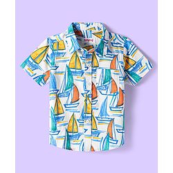Babyhug Cotton Knit Half Sleeves Collar Shirt with Beach Theme Print- Light Blue & White
