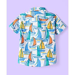Babyhug Cotton Knit Half Sleeves Collar Shirt with Beach Theme Print- Light Blue & White