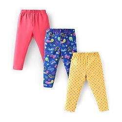 Babyhug Cotton Lycra Knit Full Length Leggings Pants with Solid Polka Dots & Butterfly Print Pack of 3 - Pink Blue & Yellow