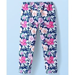 Babyhug Cotton Lycra Knit Full Length Legging With Floral Print - Navy Blue