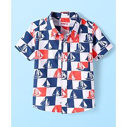 Babyhug Cotton Woven Half Sleeves Check Shirt with Boat Print - Blue & White