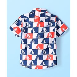 Babyhug Cotton Woven Half Sleeves Check Shirt with Boat Print - Blue & White