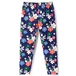 Babyhug Cotton Lycra Knit Full Length Leggings with Floral Print -Navy Blue