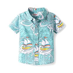 Babyhug Cotton Woven Half Sleeves Shirt With Ship Print - Blue