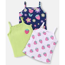 Babyhug 100% Cotton Knit Singlet Sleeves Anti Bacterial Slips with Strawberry Print Pack of 3 - Navy Blue White & Light Green