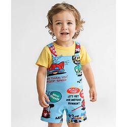 Babyhug Disney Single Jersey Knit Dungaree & Half Sleeves T-Shirt With Mickey Mouse Graphics - Light Blue & Yellow