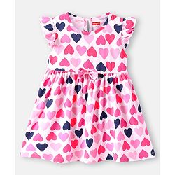 Babyhug Cotton Knit Frill Sleeves Frocks With Heart & Polka Dot Print & Bow Applique Pack of 2 - Navy Blue & White