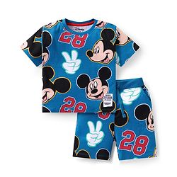 Babyhug Disney Cotton Knit Half Sleeves T-Shirt & Shorts Set With Mickey Mouse Graphics - Blue