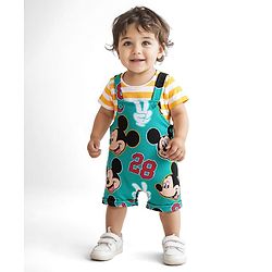 Babyhug Disney Single Jersey Knit Dungaree & Half Sleeves Striped T-Shirt With Mickey Mouse Graphics - Turquoise & Yellow
