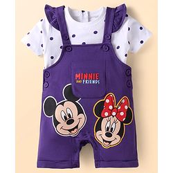 Babyhug Disney Single Jersey Knit Half Sleeves Polka Dots Printed T-Shirt & Dungaree Set with Mickey Mouse Graphics - Purple