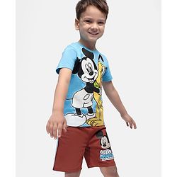 Babyhug Disney Single Jersey Knit Half Sleeves T-Shirt & Shorts Set with Mickey Mouse Graphics - Light Blue & Brown