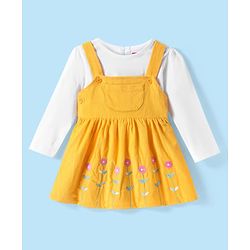 Babyhug Cotton Knit Frock With Full Sleeves Inner Tee & Floral Embroidery - Yellow & White