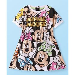 Babyhug Disney Single Jersey Knit Raglan Sleeve Frock With Minnie Mouse & Foil Text Print - White