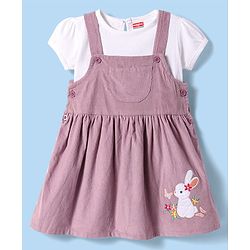Babyhug Cotton Knit Bunny Embroidered Frock with Half Sleeves Solid Top - Rose Gold & White