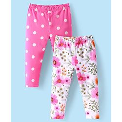 Babyhug Cotton Knit Full Length Leggings with Floral & Polka Dot Print Pack Of 2 - Pink