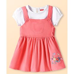 Babyhug Cotton Knit Floral Embroidered Frock & Solid Inner Tee - Red & White