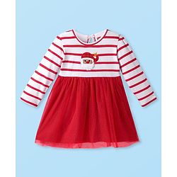 Babyhug Cotton Knit Full Sleeves Dress With Santa Claus Embroidery - White & Red
