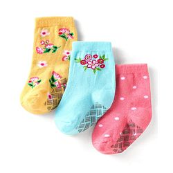 Cute Walk by Babyhug Knit Ankle Length Antibacterial Anti Skid Socks with Polka Dots & Floral Design Pack of 3 - Pink Light Blue & Yellow