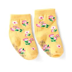 Cute Walk by Babyhug Knit Ankle Length Antibacterial Anti Skid Socks with Polka Dots & Floral Design Pack of 3 - Pink Light Blue & Yellow