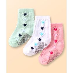 Cute Walk by Babyhug Knit Ankle Length Antibacterial Anti Skid Socks with Hearts Design Pack of 3 - White Pink & Light Green