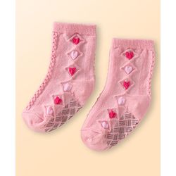 Cute Walk by Babyhug Knit Ankle Length Antibacterial Anti Skid Socks with Hearts Design Pack of 3 - White Pink & Light Green