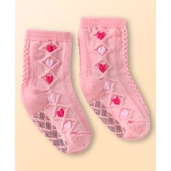 Cute Walk by Babyhug Knit Ankle Length Antibacterial Anti Skid Socks with Hearts Design Pack of 3 - White Pink & Light Green