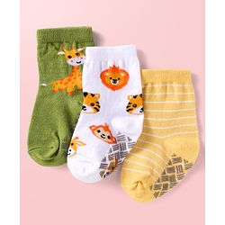 Cute Walk by Babyhug Knit Ankle Length Antibacterial Anti Skid Socks with Stripes & Animal Design Pack of 3 - White Green & Yellow