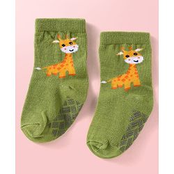 Cute Walk by Babyhug Knit Ankle Length Antibacterial Anti Skid Socks with Stripes & Animal Design Pack of 3 - White Green & Yellow