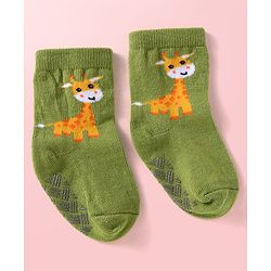 Cute Walk by Babyhug Knit Ankle Length Antibacterial Anti Skid Socks with Stripes & Animal Design Pack of 3 - White Green & Yellow