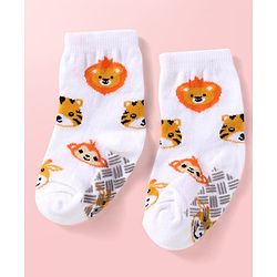 Cute Walk by Babyhug Knit Ankle Length Antibacterial Anti Skid Socks with Stripes & Animal Design Pack of 3 - White Green & Yellow