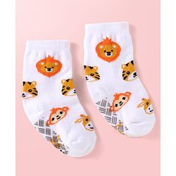 Cute Walk by Babyhug Knit Ankle Length Antibacterial Anti Skid Socks with Stripes & Animal Design Pack of 3 - White Green & Yellow