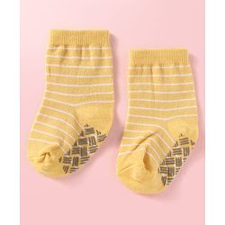 Cute Walk by Babyhug Knit Ankle Length Antibacterial Anti Skid Socks with Stripes & Animal Design Pack of 3 - White Green & Yellow