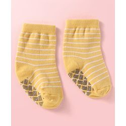 Cute Walk by Babyhug Knit Ankle Length Antibacterial Anti Skid Socks with Stripes & Animal Design Pack of 3 - White Green & Yellow