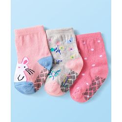 Cute Walk by Babyhug Knit Ankle Length Antibacterial Anti Skid Socks with Bunny Floral & Polka Dots Design Pack of 3 - Pink & Grey
