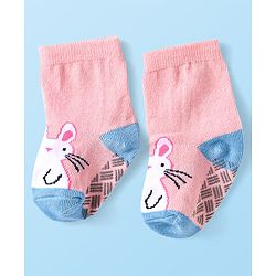 Cute Walk by Babyhug Knit Ankle Length Antibacterial Anti Skid Socks with Bunny Floral & Polka Dots Design Pack of 3 - Pink & Grey
