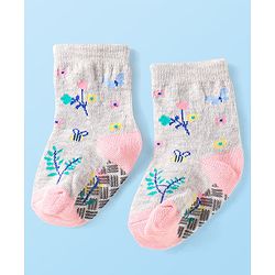 Cute Walk by Babyhug Knit Ankle Length Antibacterial Anti Skid Socks with Bunny Floral & Polka Dots Design Pack of 3 - Pink & Grey