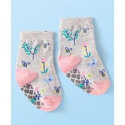Cute Walk by Babyhug Knit Ankle Length Antibacterial Anti Skid Socks with Bunny Floral & Polka Dots Design Pack of 3 - Pink & Grey