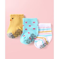 Cute Walk by Babyhug Knit Ankle Length Antibacterial Anti Skid Socks with Stripes & Polka Dots Design Pack of 3 - White Light Blue & Yellow