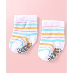 Cute Walk by Babyhug Knit Ankle Length Antibacterial Anti Skid Socks with Stripes & Polka Dots Design Pack of 3 - White Light Blue & Yellow