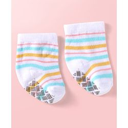 Cute Walk by Babyhug Knit Ankle Length Antibacterial Anti Skid Socks with Stripes & Polka Dots Design Pack of 3 - White Light Blue & Yellow