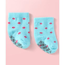 Cute Walk by Babyhug Knit Ankle Length Antibacterial Anti Skid Socks with Stripes & Polka Dots Design Pack of 3 - White Light Blue & Yellow