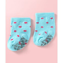 Cute Walk by Babyhug Knit Ankle Length Antibacterial Anti Skid Socks with Stripes & Polka Dots Design Pack of 3 - White Light Blue & Yellow