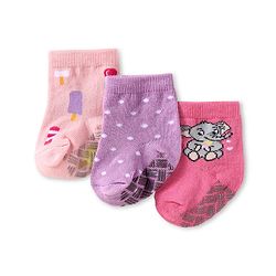 Cute Walk by Babyhug Knit Ankle Length Antibacterial Anti Skid Socks with Polka Dots Animal & Popsical Design Pack of 3 - Pink Lavender & Dark Pink