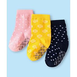 Cute Walk by Babyhug Ankle Length Antibacterial Anti Skid Socks with Stripes Polka Dots  Design Pack Of 3 - Pink Yellow & Black