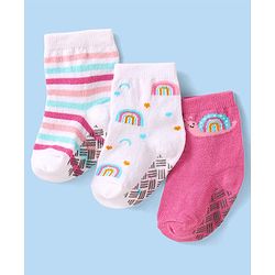 Cute Walk By Babyhug Non Terry Knit Anti-Bacterial Anti-Skid Ankle Length Socks With Rainbow Design Pack Of 3 - White & Pink