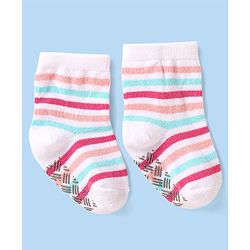 Cute Walk By Babyhug Non Terry Knit Anti-Bacterial Anti-Skid Ankle Length Socks With Rainbow Design Pack Of 3 - White & Pink