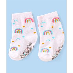 Cute Walk By Babyhug Non Terry Knit Anti-Bacterial Anti-Skid Ankle Length Socks With Rainbow Design Pack Of 3 - White & Pink