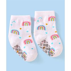 Cute Walk By Babyhug Non Terry Knit Anti-Bacterial Anti-Skid Ankle Length Socks With Rainbow Design Pack Of 3 - White & Pink